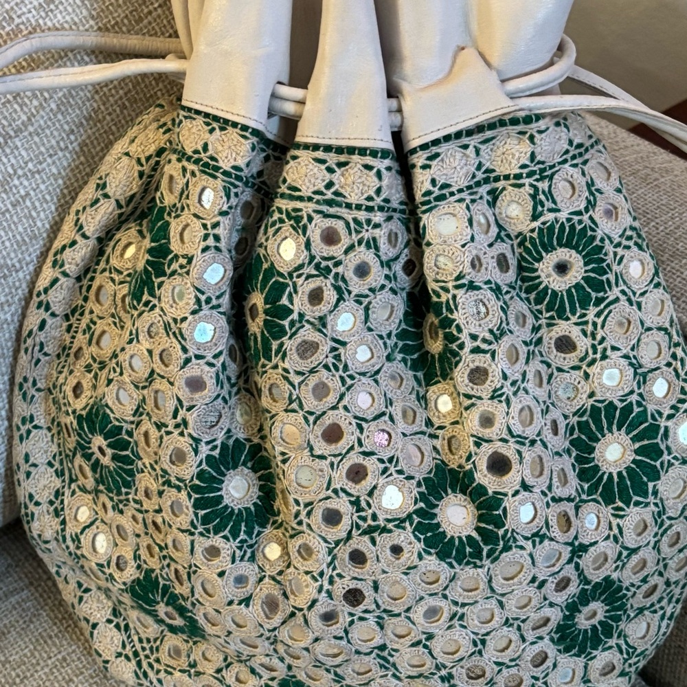 Leather and Crochet Drawstring Hobo Bag in Cream and Green - Picture 12 of 12
